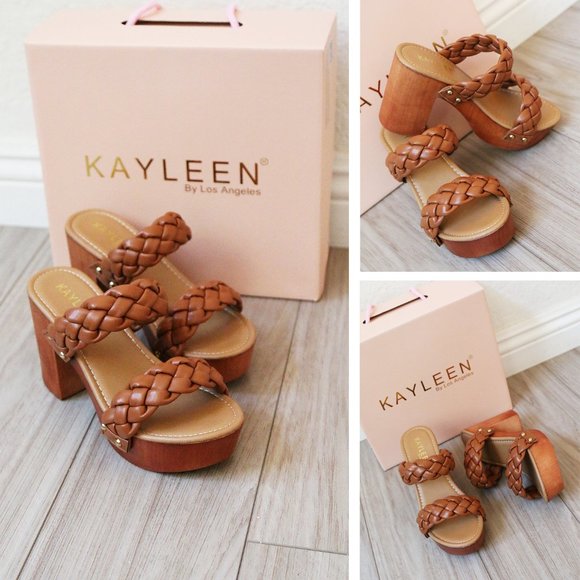 NEW Camel Braided Double Strap Platform Comfy Block Heel Slide On Sandals Shoes - Picture 3 of 10